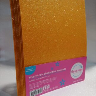 Foamy con Diamantina Nacarada Tamaño Carta Amarillo Mango 10 piezas