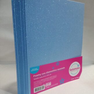 Foamy con Diamantina Nacarada Tamaño Carta Azul Cielo 10 piezas