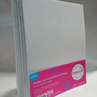 Foamy con Diamantina Nacarada Tamaño Carta Blanco Iris 10 piezas