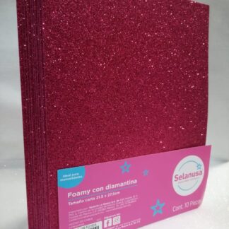 Foamy con Diamantina Tamaño Carta Fucsia 10 piezas