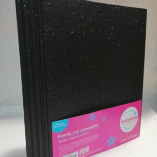 Foamy con Diamantina Tamaño Carta Negro 10 piezas