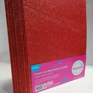 Foamy con Diamantina Nacarada Tamaño Carta Rojo 10 piezas