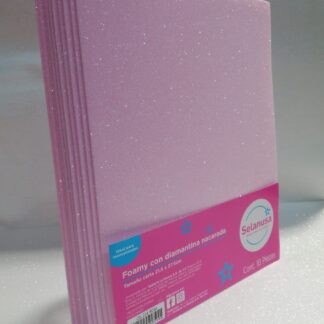 Foamy con Diamantina Nacarada Tamaño Carta Rosa 10 piezas