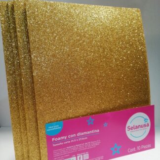 Foamy con Diamantina  Tamaño Carta Oro Fuerte 10 piezas