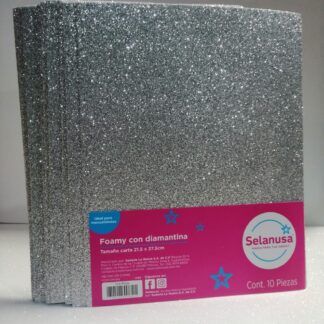 Foamy con Diamantina Tamaño Carta Plata 10 piezas